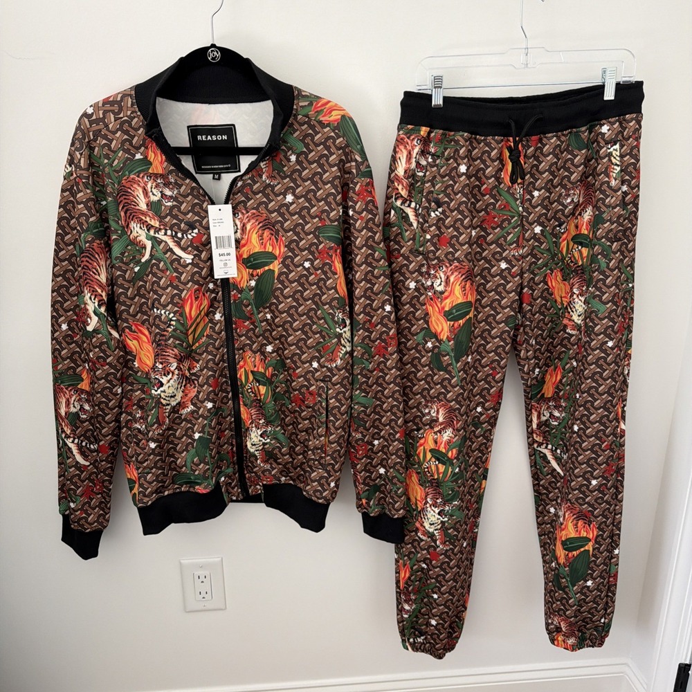 Reason Men's Tracksuit Medium Multicolor Tiger Flames Full Zip NWT